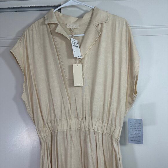 Melloday Notch Collar Short Sleeve Midi Cream Dress M - NEW - Picture 5 of 14